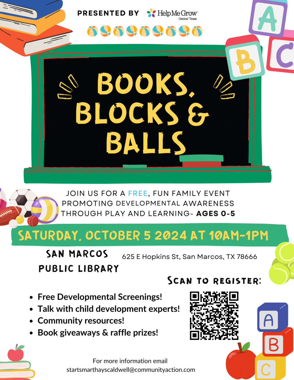 Books, Blocks & Balls Event, Saturday, October 5