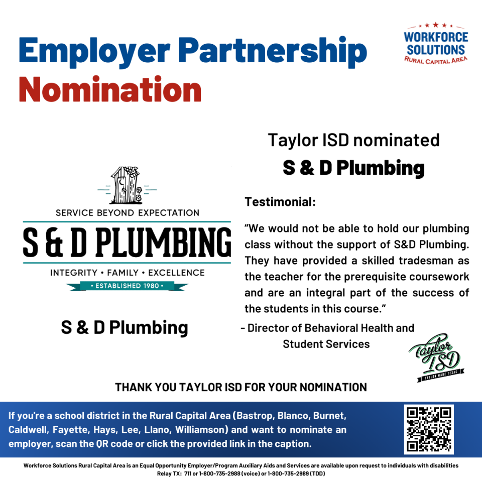 Spotlight on S & D Plumbing: Empowering Tomorrow’s Tradespeople with Taylor ISD