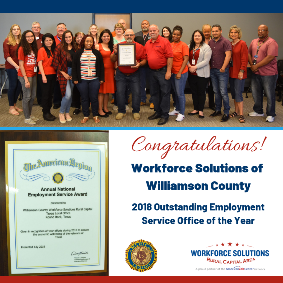 Team at Workforce Solutions of Williamson County Recognized for Outstanding Employment Services for Veterans