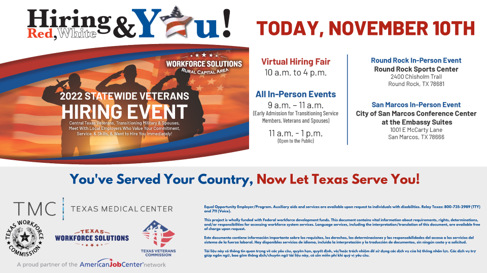 11th Annual Hiring Red, White, & You Statewide Veterans Hiring Event is on Nov. 10